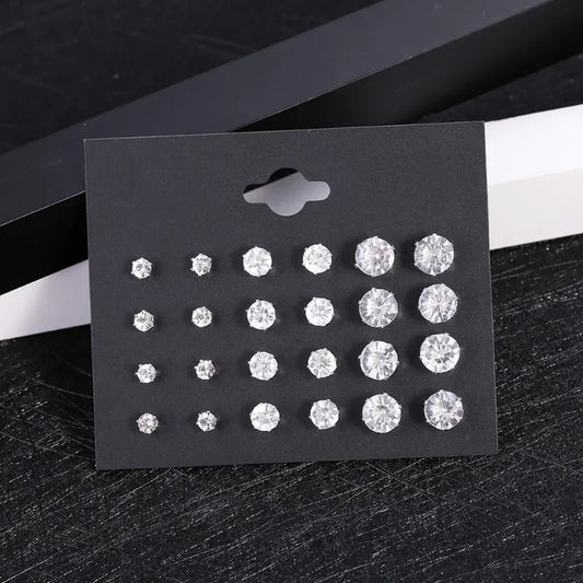 12 Pack White Stud Earrings Set